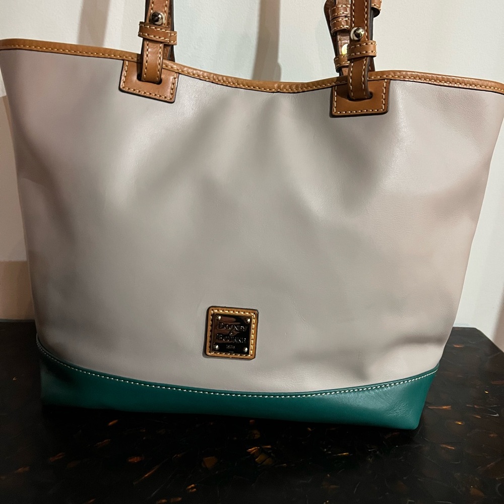 Dooney & Bourke double handle tote,two tone leather, red textile interior, EUC